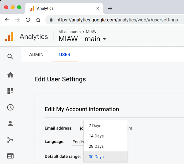 Screenshot of GA default date range setting