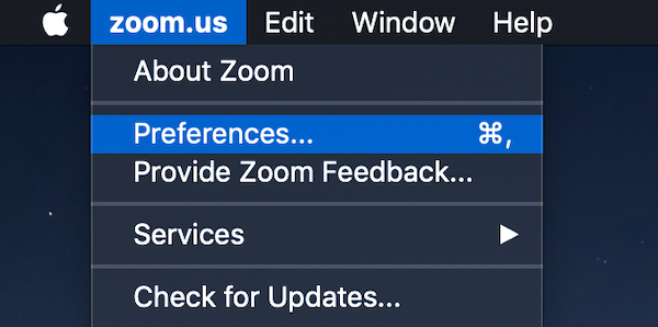 Screenshot of Zoom preferences menu