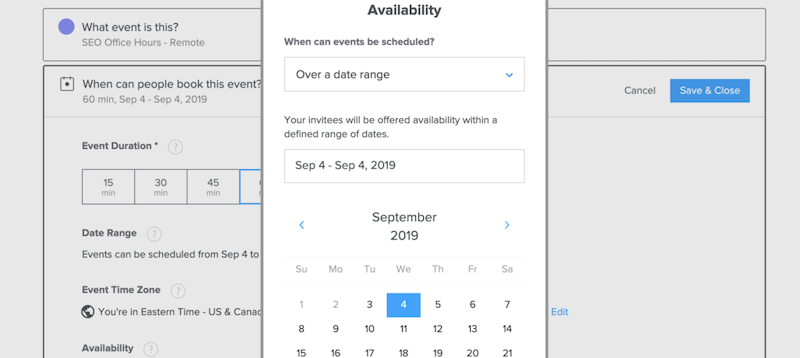 Screenshot of Calendly date range