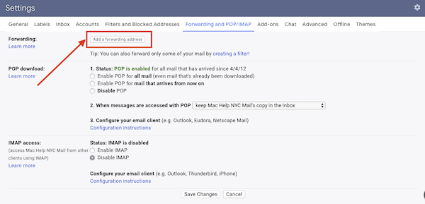 Screenshot of Gmail forwarding settings