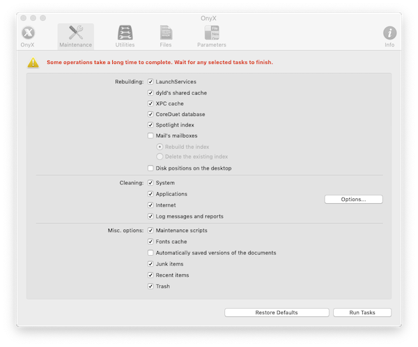 Screenshot of Onyx maintenance settings