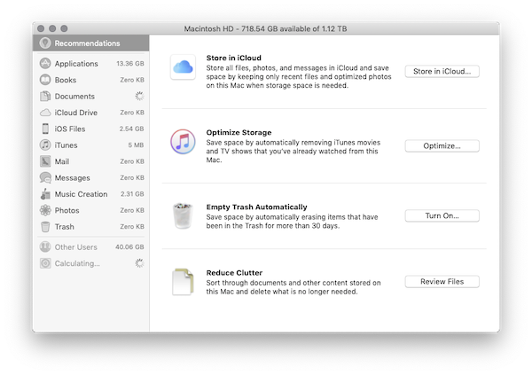 Screenshot of Mac storage recommendations