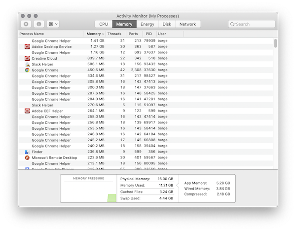 Screenshot of Mac activity monitor