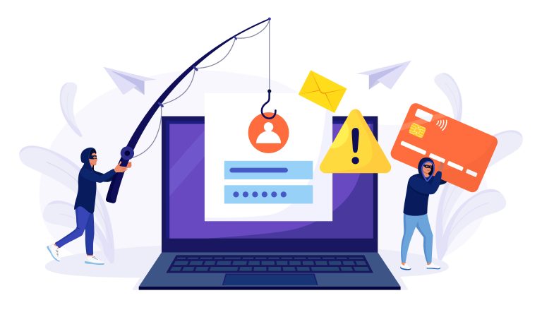 Clip art of criminal phishing and a laptop with warning signs