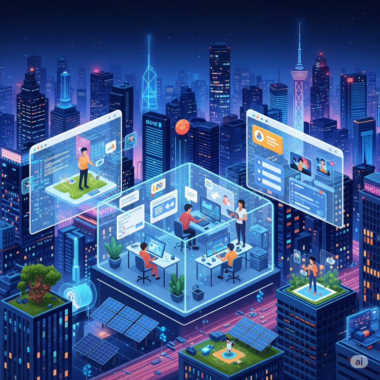 A futuristic city skyline at night with glowing web development interfaces, showing developers working on screens, interactive 3D elements, and solar panels on rooftops, representing AI, PWAs, immersive design, and sustainable web development