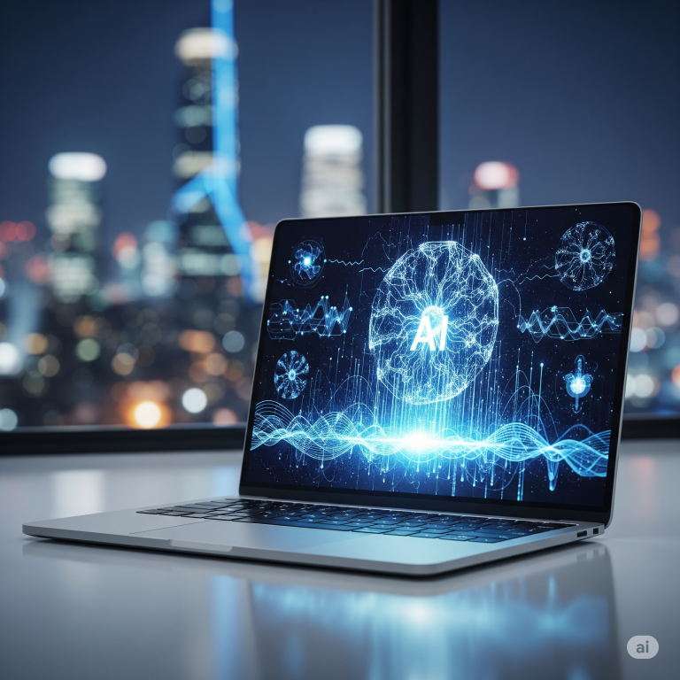Silver MacBook Air displaying glowing AI neural network graphics, with a futuristic city skyline in the background.