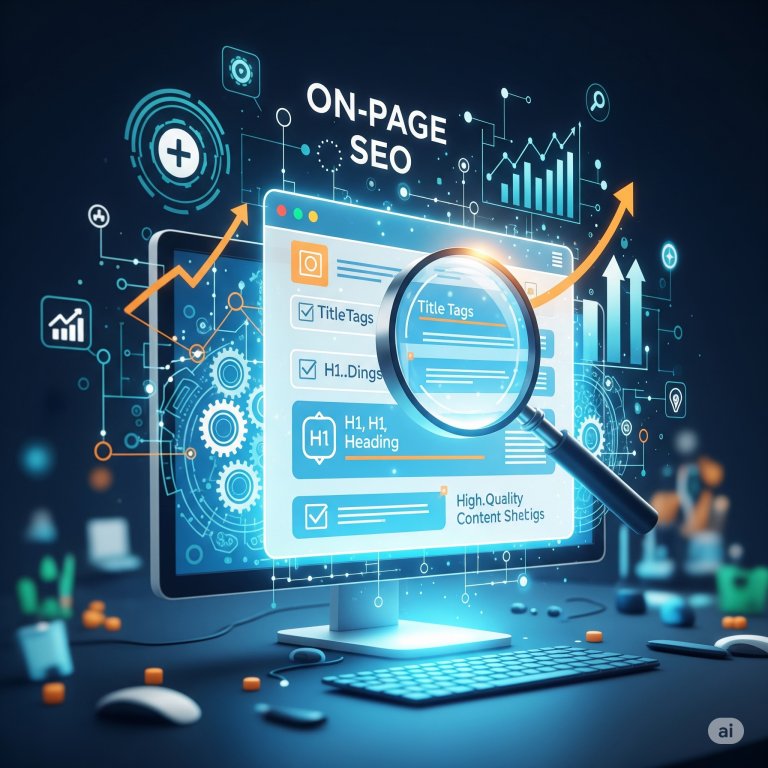 Computer monitor displaying website with 'On-Page SEO' title, magnifying glass over 'Heading' and 'High-quality Content', growth charts, and web elements.