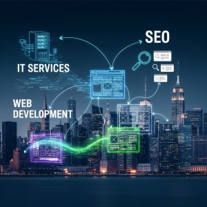 A diagram listing tech services with a backdrop of the NYC skyline