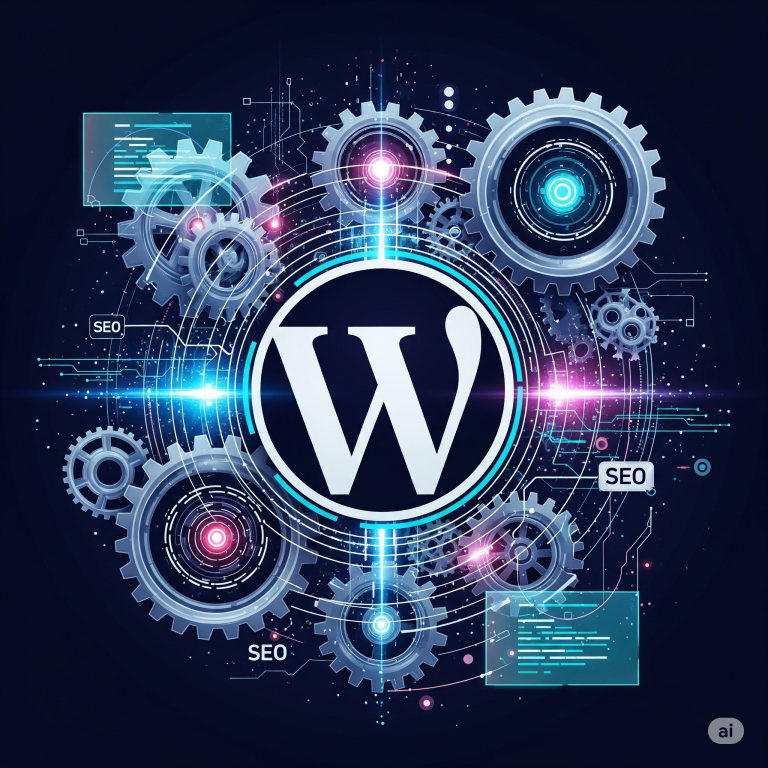 wordpress logo with gears around it