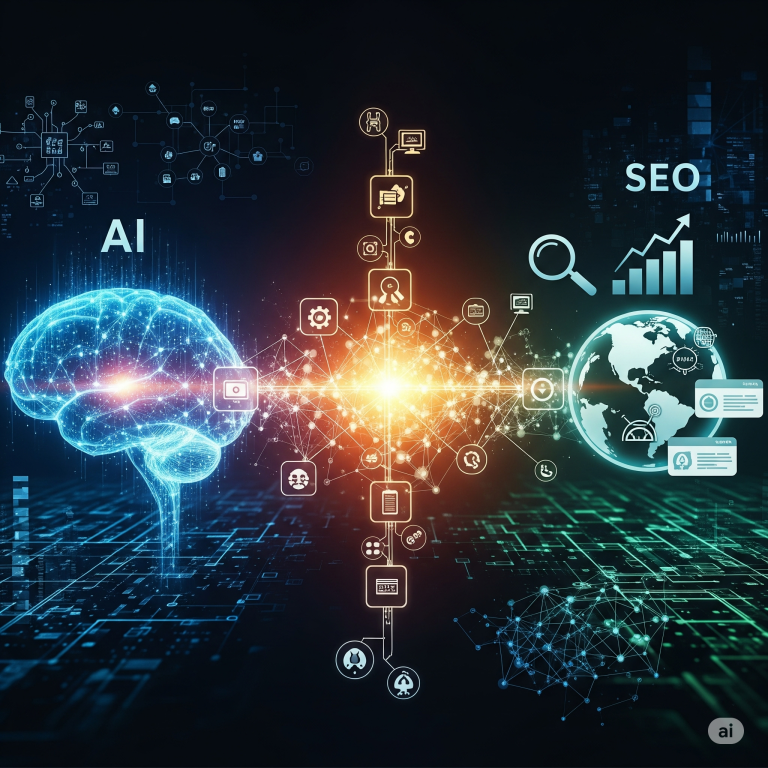 A glowing, stylized brain labeled "AI" is connected by a network of data lines to a globe and magnifying glass labeled "SEO," symbolizing the fusion of artificial intelligence and search engine optimization.