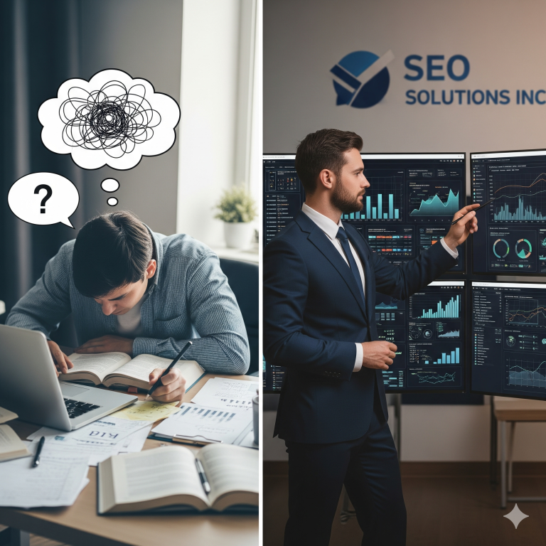 Image contrasting the struggle of doing SEO yourself with the expertise of a professional SEO consultant.