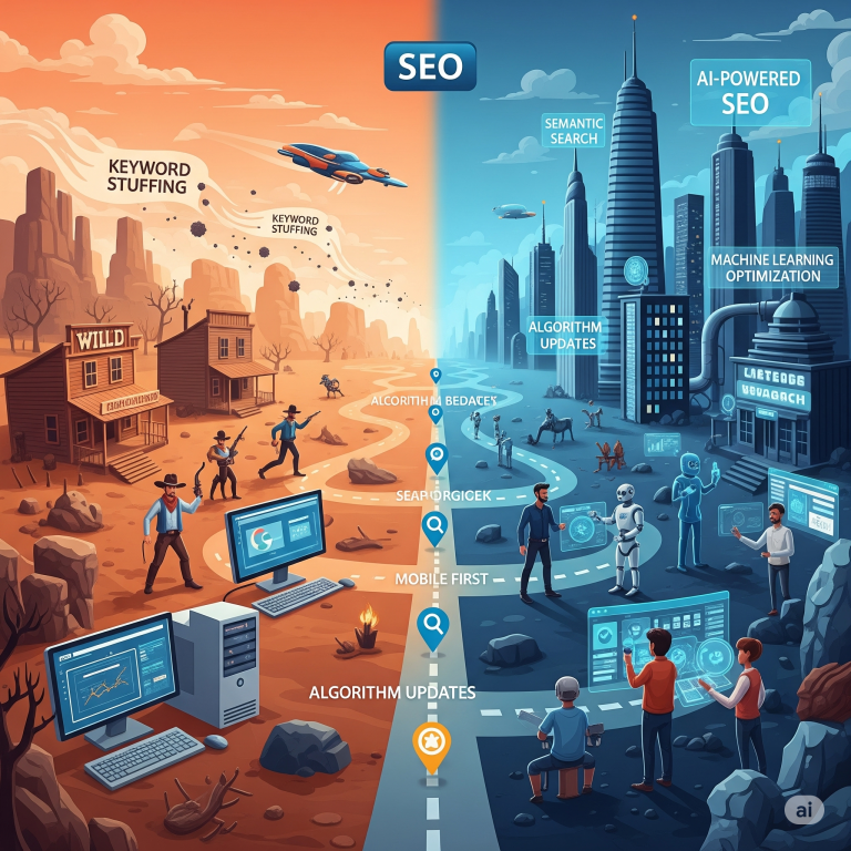 A split-screen illustration contrasting old and new SEO. The left side depicts a Wild West town with cowboys and old computers, labeled "Keyword Stuffing." The right side shows a futuristic city with robots and advanced interfaces, labeled "AI-Powered SEO," "Semantic Search," and "Machine Learning Optimization."
