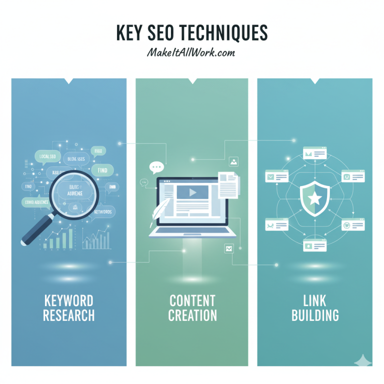 A graphic illustrating three key SEO techniques: keyword research, content creation, and link building.