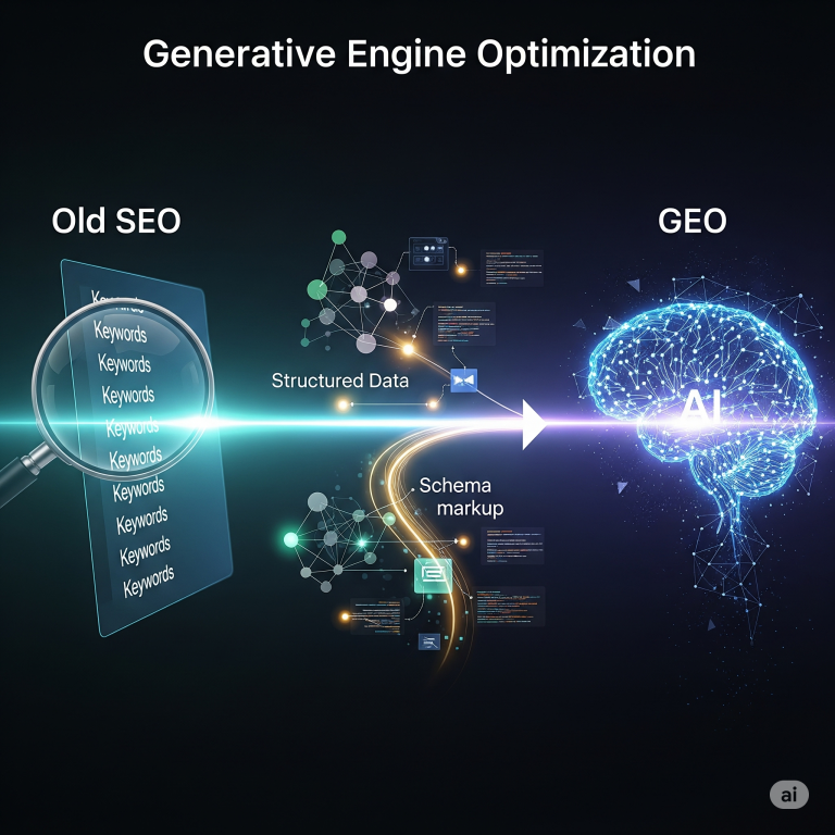 A conceptual image showing a magnifying glass over a list of keywords on the left and a glowing AI brain on the right, connected by a data stream to illustrate the evolution from SEO to GEO.
