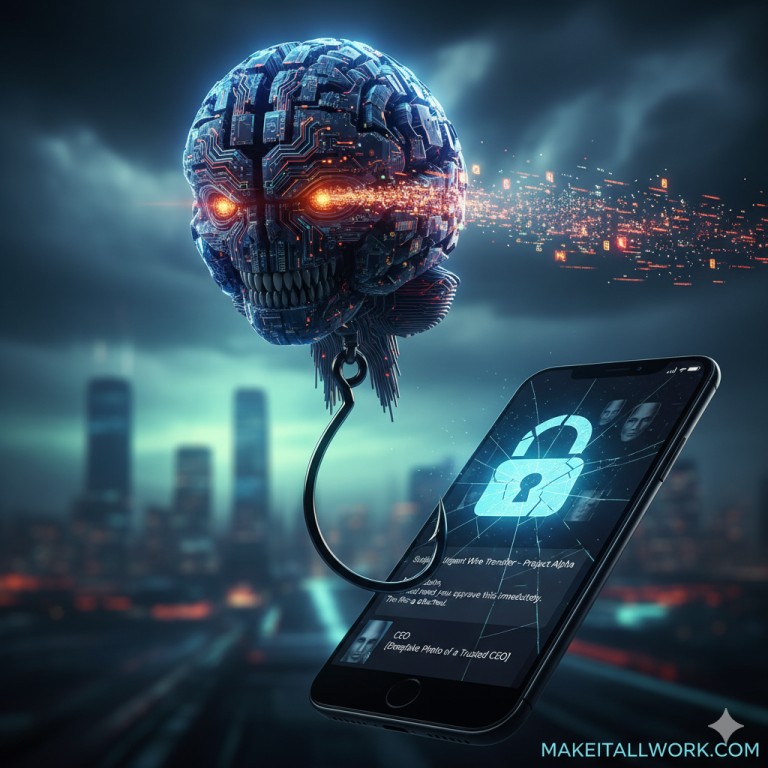 A cybernetic brain shaped like a skull, with glowing red eyes, fishing with a hook towards a smartphone displaying a phishing email and a glowing padlock.