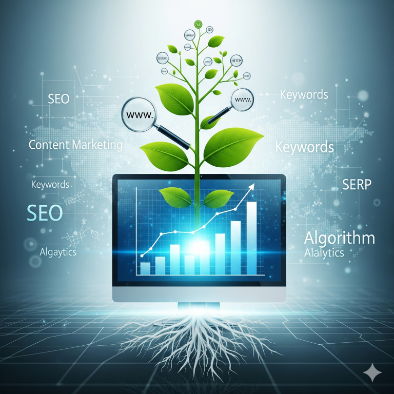 A conceptual image representing organic SEO, featuring a vibrant green plant with roots, growing out of a stylized bar chart on a computer screen. The image includes keywords like "SEO," "Content Marketing," and "Algorithm" floating in the background.Cultivate your online presence with organic SEO. Just like a plant, your website's ranking can grow naturally and sustainably with the right care.