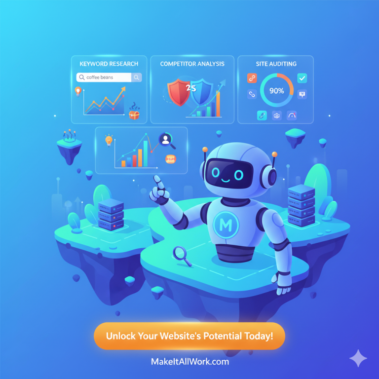 A stylized, futuristic robot points to a holographic interface displaying three key SEO concepts: "KEYWORD RESEARCH" with a search bar and graph, "COMPETITOR ANALYSIS" with a shield icon and "25" indicating a score, and "SITE AUDITING" with a chain link, checkmark, and "90%" completion. Below, floating islands hold growth charts and a search icon. A prominent call-to-action button reads "Unlock Your Website's Potential Today!" with "MakeItAllWork.com" at the bottom.