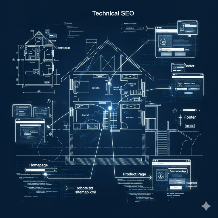A blueprint of a house overlaid with technical SEO elements like "Homepage," "Product Page," "Schema Markup," "robots.txt," and "sitemap.xml."