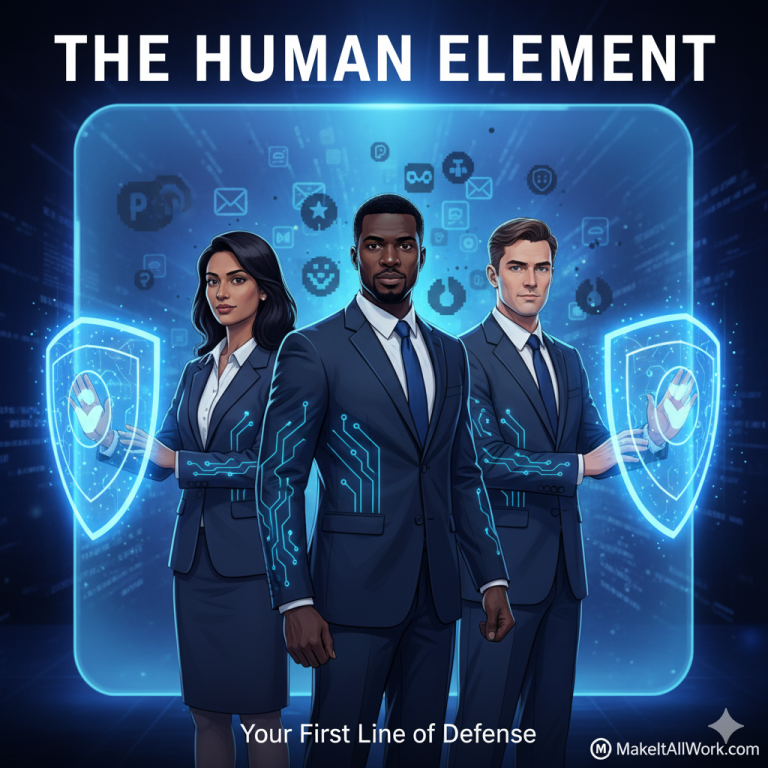 Diagram showing a team of employees forming a human firewall, standing guard while a malicious phishing email or cyber threat is filtered out.