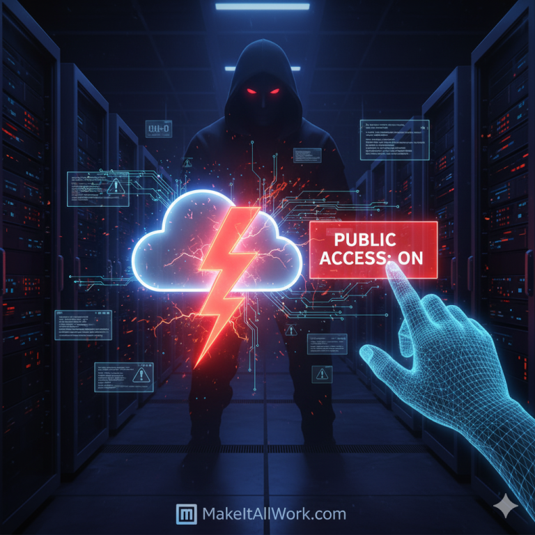 Digital illustration showing a wireframe hand pointing to a red "PUBLIC ACCESS: ON" button, with a glowing cloud icon and lightning bolt at the center, and a shadowy hacker figure with red eyes standing in a server room background.