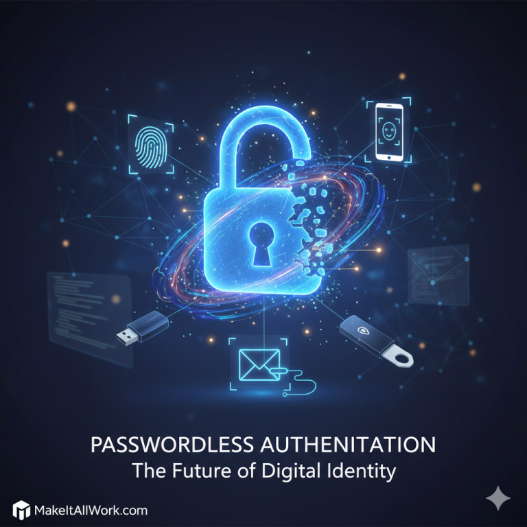 Passwordless authentication represented by a shattered traditional padlock, surrounded by glowing symbols of modern login methods: a fingerprint, a mobile phone (for biometrics/Passkeys), an email icon (for magic links), and two USB security keys.