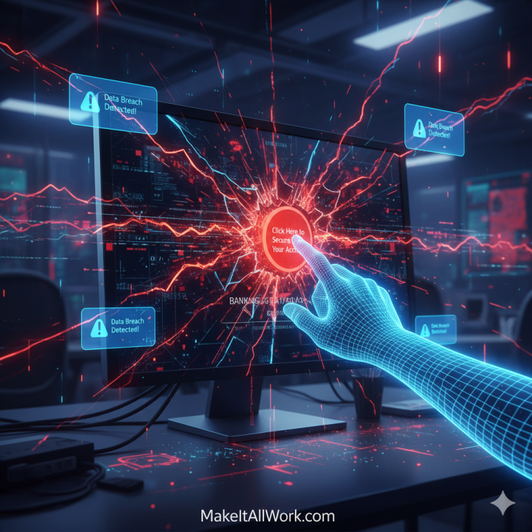 Close-up of a finger clicking a prominent red button labeled "Click Here to Secure Your Account" on a desktop monitor displaying a fake banking login page, surrounded by abstract, colorful wires representing data and potential breach alerts.