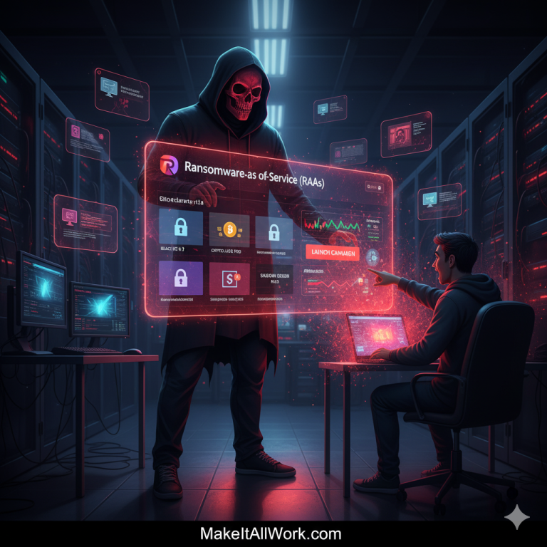 A hooded, skull-faced figure with red glowing eyes menacingly stands behind a young man who is about to click a "Launch Campaign" button on a holographic Ransomware-as-a-Service (RaaS) dashboard on a laptop.
