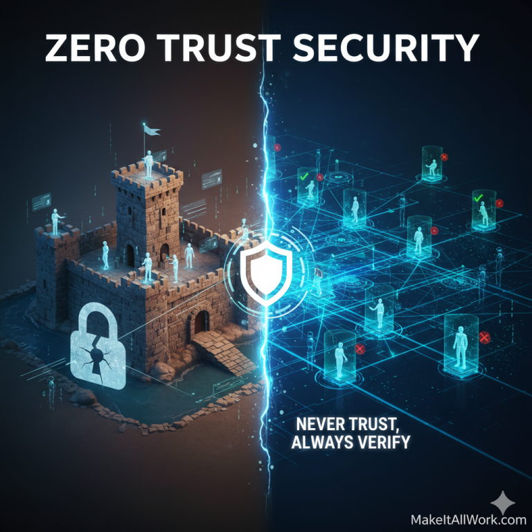 Visual comparison of Zero Trust security versus the old "castle and moat" security model, illustrating the shift to continuous verification.