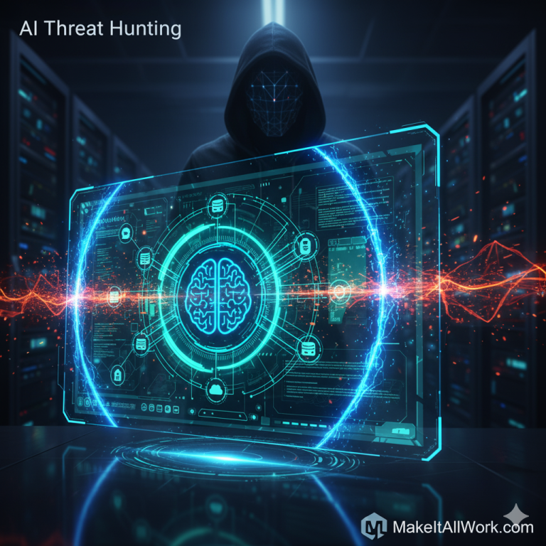 Digital illustration showing a human hand interacting with a holographic interface overlaid on a network map, highlighting specific data flows and visualizing AI analyzing cyber threats in real-time.