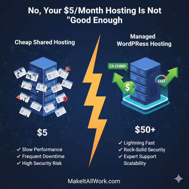Infographic comparing cheap, overcrowded shared hosting (slow, unstable) with high-performance managed WordPress hosting (fast, secure, isolated).
