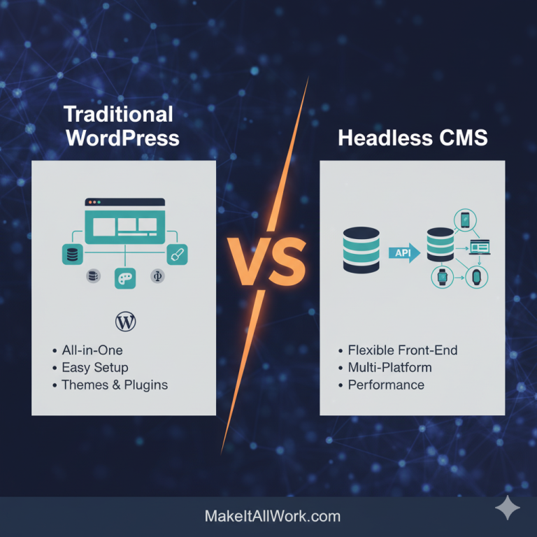 Infographic comparing Traditional WordPress vs. Headless CMS, highlighting key features like all-in-one vs. flexible front-end and multi-platform delivery.