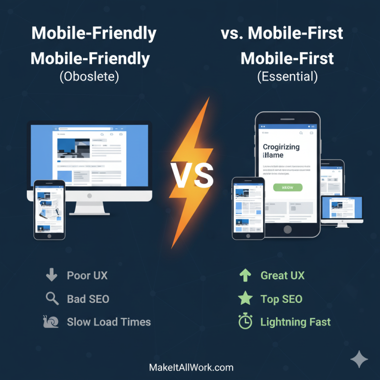 Infographic comparing obsolete "Mobile-Friendly" design (poor UX, bad SEO, slow) with essential "Mobile-First" design (great UX, top SEO, fast).