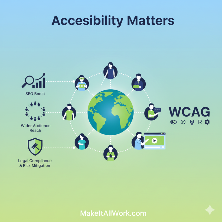 A graphic illustrating how web accessibility connects the globe, showing WCAG principles, SEO benefits, wider audience reach, and legal compliance.