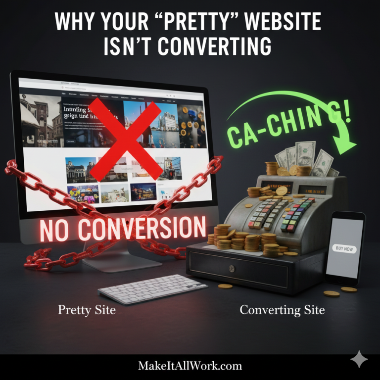 Graphic illustrating a beautiful website with a crossed-out arrow, symbolizing high aesthetics but low conversion rate. Key elements for conversion (CTA, trust, mobile optimization) are highlighted.