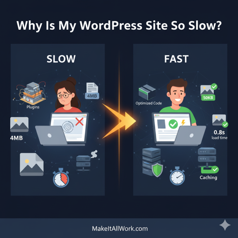 A visual representation of a website loading slowly, with icons symbolizing speed blockers like poor hosting, large images, and excessive plugins.
