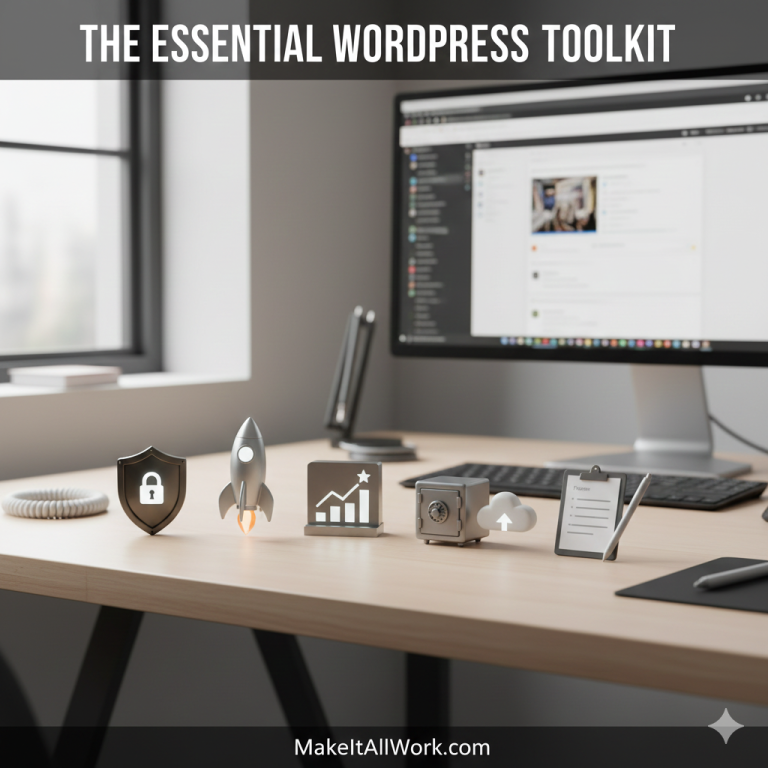 A set of five key icons arranged in a circle representing the essential WordPress plugin types: Security, Caching/Speed, SEO, Backups, and Forms.